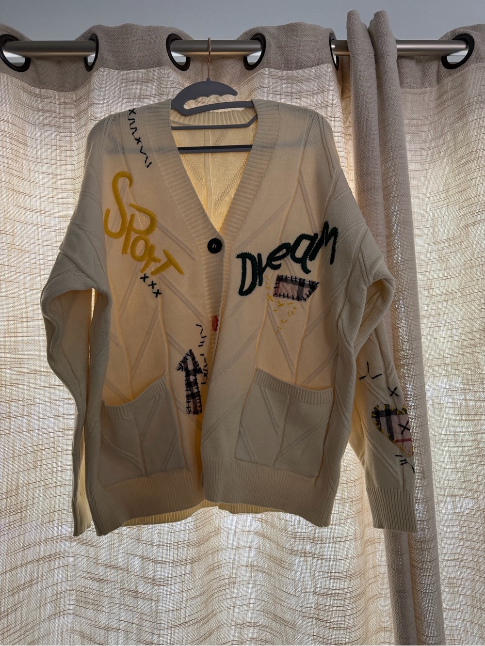 Cream Graphic Patch Cardigan with Yellow & Black Accents